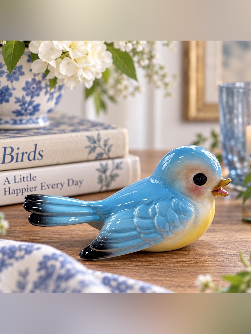 Blue and Yellow Ceramic Tweet Bird Figurine - Decorative Accent‎